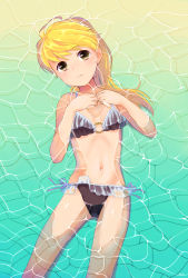 Rule 34 | 1girl, ahoge, bikini, blonde hair, brown bikini, brown eyes, closed mouth, commentary request, creatures (company), enjienjin, frilled swimsuit, frills, from above, game freak, highres, long hair, looking at viewer, lying, navel, nintendo, on back, own hands together, partially submerged, pokemon, pokemon adventures, side-tie bikini bottom, solo, swimsuit, water, yellow (pokemon)