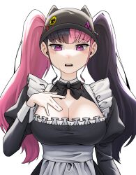 Rule 34 | 1girl, alternate costume, apron, black dress, black hair, black headwear, breasts, cleavage, crying, crying with eyes open, dress, enmaided, frills, hat, highres, large breasts, long hair, maid, maid apron, multicolored hair, palworld, park ppaeng i, pink eyes, pink hair, puffy sleeves, simple background, single tear, tears, twintails, two-tone hair, waist apron, white apron, white background, wrist cuffs, zoe rayne