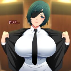 1girl black_jacket black_necktie blue_eyes breasts chainsaw_man closed_mouth collared_shirt english_text eyepatch female_focus green_hair highres himeno_(chainsaw_man) huge_breasts jacket looking_at_viewer necktie open_clothes open_jacket shinjicoca shirt short_hair solo suit_jacket white_shirt