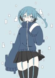 Rule 34 | 1girl, black skirt, black thighhighs, blue eyes, blue hair, blue jacket, blue theme, cowboy shot, ene (kagerou project), jacket, kagerou project, long hair, looking at viewer, mekakucity actors, no nose, open mouth, pleated skirt, skirt, sleeves past fingers, sleeves past wrists, solo, thighhighs, zzz soroban