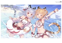 Rule 34 | 2girls, absurdres, animal ears, arm up, armpits, bai (granblue fantasy), bare shoulders, barefoot, beach, bell, bikini, blue sky, blush, breasts, cloud, cloudy sky, day, double bun, granblue fantasy, hair bun, highres, holding hands, huang (granblue fantasy), innertube, jingle bell, legs up, long hair, multiple girls, navel, ocean, one eye closed, open mouth, outdoors, scrunchie, short hair, sky, small breasts, stomach, swim ring, swimsuit, tail, thigh strap, thighs, tiger ears, tiger tail, toes, water, wrist scrunchie, yellowpaint.