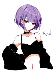 Rule 34 | 1girl, absurdres, bad id, bad pixiv id, bare shoulders, black collar, black jacket, breasts, camisole, character name, collar, commentary, crop top, eyelashes, head tilt, highres, indie utaite, jacket, long sleeves, looking at viewer, midriff, navel, niconico, off shoulder, open clothes, open jacket, purple eyes, purple hair, reol, sheya, short hair, simple background, small breasts, solo, spaghetti strap, stomach, symbol-only commentary, upper body, white background, wide sleeves