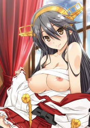 Rule 34 | 10s, 1girl, bare shoulders, black hair, blush, breasts, detached sleeves, female focus, hair ornament, hairband, haruna (kancolle), headgear, izumi mahiru, japanese clothes, kantai collection, large breasts, long hair, looking at viewer, nipples, nontraditional miko, sitting, smile, solo