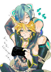 Rule 34 | 2boys, absurdres, animal ears, black choker, blonde hair, blue eyes, blue hair, blue nails, blush, cat boy, cat ears, cat tail, chawan coo, choker, closed eyes, controller, crop top, detached sleeves, elbow gloves, game controller, gloves, hair between eyes, highres, holding, holding controller, holding game controller, hug, hug from behind, kagamine len, kaito (vocaloid), kneeling, leaning on person, male focus, multiple boys, navel, neko cyber (module), project diva (series), punkish (module), robot ears, short hair, sitting, sketch, tail, translation request, vocaloid, white background, yaoi, yellow nails