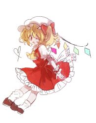 Rule 34 | 1girl, ascot, blonde hair, brown footwear, chinese commentary, commentary request, dress, flandre scarlet, frilled dress, frills, from side, full body, hat, hat ribbon, heart, highres, ka (haterun), lace-trimmed ascot, lace trim, mob cap, one eye closed, open mouth, puffy short sleeves, puffy sleeves, red dress, red ribbon, ribbon, shirt, shoes, short sleeves, simple background, socks, solo, touhou, white background, white hat, white shirt, white socks, wings, yellow ascot