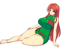 Rule 34 | 1girl, absurdres, arm support, bare shoulders, barefoot, blue eyes, blush, braid, breasts, china dress, chinese clothes, creatures (company), curvy, dress, full body, game freak, gen 1 pokemon, gyarados, highres, hong meiling, huge breasts, legs, long hair, looking at viewer, mokkori9, nintendo, orange hair, pokemon, pokemon (creature), red hair, simple background, sitting, sketch, smile, solo, star (symbol), thick thighs, thighs, touhou, twin braids, very long hair, white background, wide hips