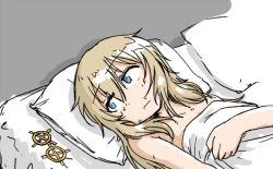 Rule 34 | bed, blonde hair, closed mouth, dutchko, fnc (girls&#039; frontline), girls&#039; frontline, hair ornament, hand on own chest, head on pillow, looking away, nude, sweat, sweatdrop