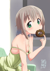 Rule 34 | 1girl, bare shoulders, breasts, camisole, commentary request, doughnut, downblouse, dress, food, food in mouth, green eyes, grey hair, kohshibasaki, looking at viewer, looking to the side, medium hair, no bra, sleeveless, sleeveless dress, small breasts, solo, spaghetti strap, strap slip, yama no susume, yukimura aoi