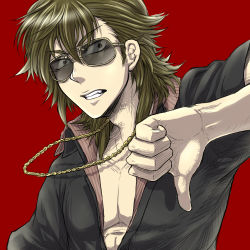 Rule 34 | 1boy, brown hair, jewelry, lowres, male focus, nari830, necklace, open clothes, open shirt, original, shirt, simple background, solo, sunglasses, thumbs down