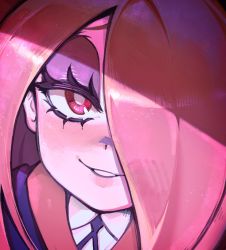 Rule 34 | 1girl, blush, close-up, ear blush, eyelashes, half-closed eyes, highres, little witch academia, long hair, looking at viewer, one eye covered, pale skin, pink hair, portrait, red eyes, rojiyump, seductive smile, shadow, smile, sucy manbavaran, tagme