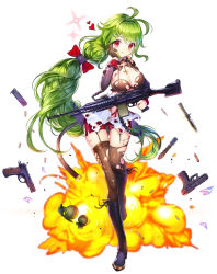 Rule 34 | 1girl, ahoge, bad id, bad pixiv id, black footwear, black gloves, black thighhighs, boots, bow, breasts, brooch, bullet, cleavage, explosion, explosive, full body, girls&#039; frontline, glock, gloves, green hair, grenade, gun, hand on own cheek, hand on own face, handgun, heart, highres, jewelry, knee boots, long hair, looking at viewer, mk48 (girls&#039; frontline), ponytail, red eyes, rifle, shorts, single glove, solo, thighhighs, thighhighs under boots, torn clothes, torn thighhighs, ttaji (pass35), weapon, white background