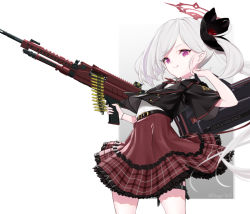 Rule 34 | 1girl, bag, black jacket, blue archive, closed mouth, feet out of frame, gun, holding, holding bag, holding gun, holding weapon, ingerdoll, jacket, licking lips, long hair, looking at viewer, machine gun, mutsuki (blue archive), purple eyes, red skirt, skirt, smile, solo, standing, tongue, tongue out, twitter username, weapon, white background, white hair