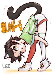 Rule 34 | 1girl, animal ears, black hair, blue eyes, blush, brown hair, cat day, cat ears, cat girl, cat tail, hololive, lee (colt), looking at viewer, oozora subaru, oozora subaru (1st costume), open mouth, shirt, short hair, short sleeves, shorts, solo, striped clothes, striped shirt, tail, thighhighs, vertical-striped clothes, vertical-striped shirt, virtual youtuber