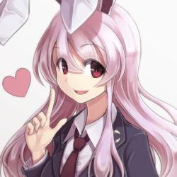 Rule 34 | 1girl, :d, animal ears, blazer, collared shirt, crescent, heart, index finger raised, jacket, light purple hair, long hair, looking at viewer, necktie, opanchu (pixiv259683), open mouth, rabbit ears, red eyes, red necktie, reisen udongein inaba, shirt, sidelocks, smile, solo, touhou, upper body, white background, white shirt