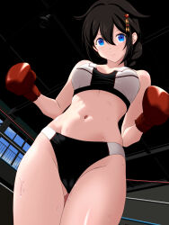 Rule 34 | 1girl, absurdres, adapted costume, ahoge, black hair, blue eyes, boxing gloves, boxing ring, braid, cameltoe, commentary request, from behind, hair flaps, hair over shoulder, highres, indoors, kantai collection, long hair, looking at viewer, midriff, navel, noppo-san, shigure (kancolle), shigure kai ni (kancolle), single braid, solo, sports bikini