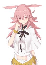 Rule 34 | 1girl, black ribbon, blush, breasts, capelet, commentary request, elfenlied22, fate/grand order, fate (series), hair between eyes, head wings, highres, hildr (fate), long hair, looking at viewer, pink eyes, pink hair, ribbon, shirt, simple background, small breasts, solo, valkyrie (fate), white background, white capelet, white shirt, wings
