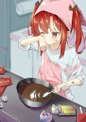 Rule 34 | 1girl, apron, bowl, chocolate, chocolate on face, choro tofu, food, food on face, head scarf, holding, holding spatula, indoors, long hair, one eye closed, original, red eyes, red hair, solo, spatula, stirring, twintails, valentine, wiping face