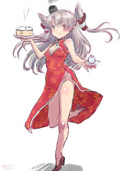 Rule 34 | 1girl, alternate costume, amatsukaze (kancolle), bamboo steamer, baozi, breasts, brown eyes, china dress, chinese clothes, cleavage cutout, clothing cutout, dress, food, fuji (pixiv24804665), grey hair, hair tubes, high heels, highres, kantai collection, leaf print, long hair, no panties, red dress, red footwear, simple background, small breasts, smoke, smokestack hair ornament, solo, standing, tiptoes, two side up, white background