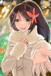 Rule 34 | 10s, 1girl, alternate costume, amagi (kancolle), breath, brown eyes, brown hair, coat, flower, hair flower, hair ornament, hand on own chest, jewelry, kantai collection, long hair, looking at viewer, mole, mole under eye, namaashi (namaashi999), ponytail, reaching, reaching towards viewer, ring, scarf, snowing, solo, wedding band, wedding ring, winter clothes, winter coat