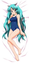 Rule 34 | 1990s (style), 1girl, absurdres, animal ears, barefoot, bed, blue one-piece swimsuit, breasts, canal vorfeed, cat ears, cat tail, competition school swimsuit, dakimakura (medium), feet, from above, from side, full body, green hair, hair down, hand to own mouth, highres, huge filesize, incredibly absurdres, indoors, kemonomimi mode, legs together, long hair, long image, lost universe, medium breasts, nipples, one-piece swimsuit, parted bangs, retro artstyle, school swimsuit, solo, sugimura tomokazu, swimsuit, tail, tall image, the bed, very long hair