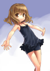 Rule 34 | 1girl, bike shorts, blush, brown eyes, brown hair, child, double frill skirt swimsuit, frilled swimsuit, frills, katahira masashi, looking at viewer, nontraditional school swimsuit, one-piece swimsuit, open hands, original, outstretched arms, school swimsuit, short hair, smile, solo, swimsuit