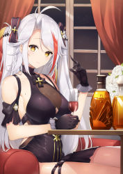 Rule 34 | 1girl, alcohol, alternate costume, antenna hair, azur lane, bad id, bad pixiv id, black dress, bottle, bow, breasts, clothing cutout, cross, dress, gemini (feng), hair between eyes, indoors, iron cross, large breasts, long hair, mole, mole on breast, multicolored bow, multicolored hair, prinz eugen (azur lane), prinz eugen (cordial cornflower) (azur lane), red hair, shoulder cutout, silver hair, simple background, smile, solo, streaked hair, swept bangs, two side up, underboob cutout, very long hair, whiskey, yellow eyes