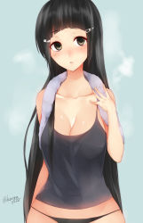 Rule 34 | 10s, 1girl, absurdly long hair, alternate hair length, alternate hairstyle, bare arms, bare shoulders, black eyes, black hair, black panties, blunt bangs, blush, breasts, hair down, kantai collection, large breasts, lips, long hair, myoukou (kancolle), panties, parted lips, sakiryo kanna, shiny skin, simple background, solo, tank top, thighs, towel, towel around neck, underwear, very long hair