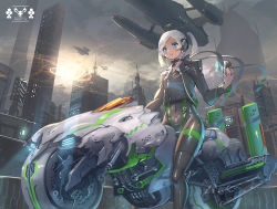 Rule 34 | 1girl, :o, aircraft, black footwear, black jacket, black nails, blue eyes, blush, bodysuit, boots, breasts, building, cellphone, choker, city, cloud, cloudy sky, covered navel, cropped jacket, digital media player, from below, from side, grey sky, headphones, holding, holding phone, jacket, logo, long sleeves, motor vehicle, nail polish, original, outdoors, outstretched hand, phone, science fiction, shiny clothes, sitting, sky, skyscraper, small breasts, solo, thigh strap, twintails, white hair, yoshimoto (dear life), zipper