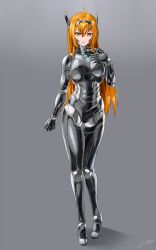 Rule 34 | 1girl, absurdres, ahoge, commission, cyborg, full body, grey background, hand on own chest, hayabusa aoi, highres, joints, long hair, looking at viewer, orange eyes, orange hair, original, robot joints, science fiction, signature, skeb commission, solo, standing