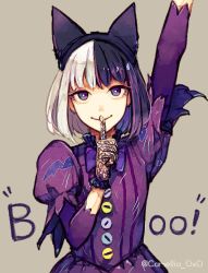 Rule 34 | 1girl, akagi shun, animal ears, animal print, arm up, bat print, black hair, blunt bangs, bob cut, bow, bowtie, buttons, cat ears, dress, fake animal ears, finger to mouth, gloves, halloween, high collar, lace, lace gloves, multicolored hair, original, puffy short sleeves, puffy sleeves, purple bow, purple dress, purple eyes, short hair, short sleeves, simple background, smile, solo, striped, twitter username, upper body, vertical stripes, white hair