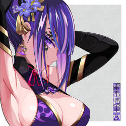 Rule 34 | 1girl, absurdres, armpits, arms up, bad id, bad pixiv id, breasts, bridal gauntlets, cleavage, closed mouth, commentary request, eyebrows hidden by hair, facial tattoo, flower, genshin impact, grey background, hair between eyes, hair flower, hair ornament, hair tie, hair tie in mouth, highres, huge filesize, medium breasts, mouth hold, purple eyes, purple flower, purple hair, raiden shogun, red ribbon, ribbon, solo, tattoo, two-tone background, upper body, white background, yuuta (yuuta0312)