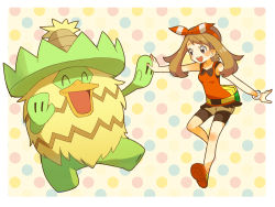 Rule 34 | 1girl, :d, bike shorts, blush, border, bow hairband, breasts, brown hair, commentary request, creatures (company), fanny pack, game freak, gen 3 pokemon, hairband, hand grab, long hair, ludicolo, may (pokemon), nintendo, open mouth, outside border, pokemon, pokemon (creature), pokemon oras, polka dot, polka dot background, popcorn 91, shirt, shoes, shorts, sleeveless, sleeveless shirt, smile, teeth, white border
