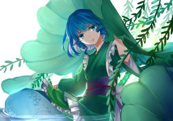 Rule 34 | 1girl, absurdres, blue eyes, blue hair, blue sash, chinese commentary, commentary request, drill hair, drill sidelocks, fengji ya yinjun, fins, green kimono, hand up, head fins, head tilt, highres, japanese clothes, kimono, long sleeves, looking at viewer, mermaid, monster girl, obi, parted lips, petticoat, plant, sash, short hair, sidelocks, simple background, smile, solo, touhou, wakasagihime, water, white background, wide sleeves