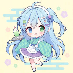 Rule 34 | 1girl, :d, ahoge, apron, black footwear, blue bow, blue eyes, blue hair, bow, chibi, commentary request, commission, cup, drinking glass, egasumi, flower, frilled apron, frills, full body, green eyes, green flower, green kimono, hair between eyes, hair bow, hair flower, hair ornament, hairclip, heart, heterochromia, holding, holding tray, izuminanase, japanese clothes, kimono, long hair, long sleeves, maid, maid headdress, one side up, open mouth, original, pink flower, pleated skirt, print kimono, purple skirt, ribbon-trimmed skirt, ribbon trim, sandals, skeb commission, skirt, smile, socks, solo, spoon, standing, standing on one leg, tray, very long hair, wa maid, white apron, white bow, white socks, wide sleeves, yagasuri, yellow background, zouri
