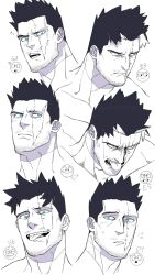 Rule 34 | 1boy, beard stubble, boku no hero academia, cropped head, disgust, emoji, endeavor (boku no hero academia), expression chart, expressions, facial hair, frown, furrowed brow, greyscale, head tilt, heart, heart-shaped eyes, highres, light blush, looking ahead, looking to the side, male focus, mature male, monochrome, mustache stubble, pout, reference inset, sanpaku, sashimi92708329, scar, scar across eye, short hair, sideburns, sideburns stubble, spiked hair, spot color, stubble, tearing up, thick eyebrows, tongue, tongue out, v-shaped eyebrows