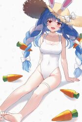 Rule 34 | 1girl, :d, animal ears, arm support, ayamy, barefoot, blue hair, breasts, carrot hair ornament, cleavage, commentary, food-themed hair ornament, hair ornament, highres, hololive, long hair, looking at viewer, medium breasts, multicolored hair, one-piece swimsuit, open mouth, rabbit ears, rabbit girl, sitting, smile, soles, solo, swimsuit, symbol-only commentary, thigh strap, toes, two-tone hair, usada pekora, virtual youtuber, white hair, white one-piece swimsuit