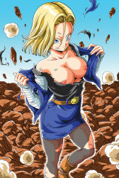 Rule 34 | 1girl, android 18, belt, blonde hair, blue eyes, blue sky, bob cut, boots, breasts, closed mouth, day, dragon ball, dragonball z, floating hair, jacket, large breasts, legs, looking at viewer, medium hair, nipples, no bra, outdoors, pantyhose, raglan sleeves, skirt, sky, smile, standing, thighs, torn clothes, torn legwear, undressing, young jijii