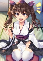 Rule 34 | 1girl, :d, alternate costume, breasts, brown eyes, brown hair, cleavage, commentary request, hair between eyes, hair ribbon, hand up, hat, himekaidou hatate, index finger raised, indoors, japanese clothes, kaede (mmkeyy), kimono, kourindou tengu costume, long hair, long sleeves, looking at viewer, medium breasts, open mouth, purple ribbon, ribbon, seiza, shadow, sitting, smile, solo, tatami, thighhighs, thighs, tokin hat, touhou, twintails, white kimono, white thighhighs, wide sleeves
