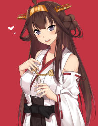 Rule 34 | 10s, 1girl, :d, ahoge, asato (fadeless), blue eyes, blush, breasts, brown hair, detached sleeves, double bun, hair bun, headgear, heart, highres, jewelry, kantai collection, kongou (kancolle), kongou kai ni (kancolle), long hair, looking at viewer, nontraditional miko, open mouth, purple eyes, red background, ring, simple background, smile, solo, teeth, wedding band