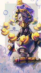 Rule 34 | 1boy, absurdres, bubble, closed mouth, cyborg, highres, humanoid robot, looking at viewer, male focus, megane (0max megane0), monk, official alternate costume, omnic, overwatch, overwatch 2, robot, rubber duck, zenyatta (overwatch)