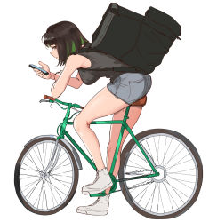 Rule 34 | 1girl, backpack, bag, bicycle, black hair, black shirt, breasts, brown eyes, cellphone, colored inner hair, denim, denim shorts, green hair, highres, holding, holding phone, large breasts, medium hair, miru (ormille), mole, mole on thigh, multicolored hair, original, ormille, phone, riding, riding bicycle, shirt, shorts, simple background, sleeveless, smartphone, white background
