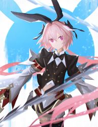Rule 34 | 1boy, astolfo (fate), astolfo (saber) (fate), belt, black bow, black gloves, black ribbon, black thighhighs, bow, bowtie, closed mouth, fate/grand order, fate (series), formal, gloves, hair between eyes, hair bow, hair intakes, hair ribbon, highres, holding, holding weapon, long hair, long sleeves, looking at viewer, male focus, midriff peek, multicolored hair, otsumami (bu-bu-heaven), pink hair, purple eyes, ribbon, simple background, skirt, solo, streaked hair, suit, thighhighs, trap, twintails, very long hair, weapon, white hair