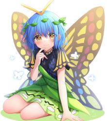 Rule 34 | 1girl, antennae, aqua hair, artist name, butterfly wings, closed mouth, dress, eternity larva, fairy, green dress, highres, insect wings, leaf, leaf on head, multicolored clothes, multicolored dress, orange eyes, short hair, short sleeves, signature, smile, solo, touhou, twitter username, wings, yu cha