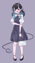 Rule 34 | 1girl, absurdres, alternate costume, bag, black dress, black footwear, black hair, blue hair, blunt bangs, blush, breasts, carmi11la, commentary request, demon girl, demon horns, demon tail, dress, frilled sleeves, frills, full body, grey background, high heels, highres, holding, holding bag, holding own arm, horns, long hair, looking at viewer, multicolored hair, nanashi inc., open mouth, pointy ears, puffy short sleeves, puffy sleeves, red eyes, shirt, shishio chris, short sleeves, simple background, small breasts, smile, solo, standing, tail, two-tone hair, virtual youtuber, white shirt