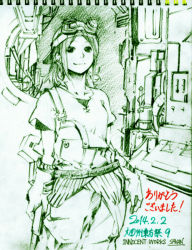 Rule 34 | 1girl, 2014, alternate costume, artist name, bad id, bad pixiv id, contemporary, dated, gloves, goggles, goggles on headwear, hat, kawashiro nitori, looking at viewer, machinery, mechanic, monochrome, savan, sketch, smile, solo, suspenders, touhou, twintails, two side up, wrench