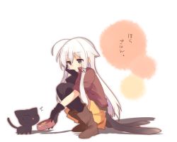 Rule 34 | 1girl, anceril sacred, bad id, bad pixiv id, cat, gloves, long hair, mishima kurone, original, pet food, simple background, solo, translation request, white background, white hair