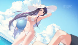 Rule 34 | 1girl, 1other, arm up, armpits, ball, bare shoulders, beach, beachball, bikini, black hair, blue sky, blurry, blurry foreground, blush, breasts, cleavage, cloud, day, depth of field, dutch angle, front-tie bikini top, front-tie top, gogatsu fukuin, hat, highres, holding, large breasts, long hair, looking at viewer, navel, ocean, open mouth, original, out of frame, outdoors, purple eyes, side-tie bikini bottom, sky, solo focus, standing, string bikini, sun hat, swimsuit, very long hair, white bikini
