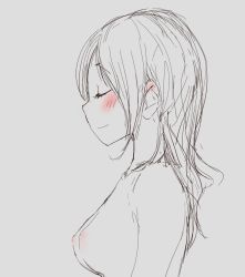 Rule 34 | 1girl, bad id, bad pixiv id, blush, breasts, closed eyes, female focus, greyscale, koowa, long hair, monochrome, nipples, smile, solo, spot color, topless, white background