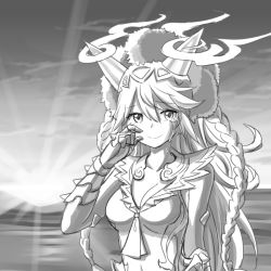 Rule 34 | 1girl, breasts, greyscale, long hair, looking at viewer, monochrome, puzzle &amp; dragons, sakuya (p&amp;d), smile, solo, tears, zaxwu