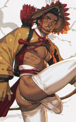 1boy amigasa ass ass_hair bara bare_pectorals black_hair bulge commentary creatures_(company) dark-skinned_male dark_skin dreamplpe english_commentary fundoshi game_freak hat highres hisuian_decidueye japanese_clothes large_pectorals looking_at_viewer male_focus muscular muscular_male nintendo nipples paid_reward_available parted_lips pectorals personification pokemon quiver red_eyes short_hair solo sparse_chest_hair variant_set